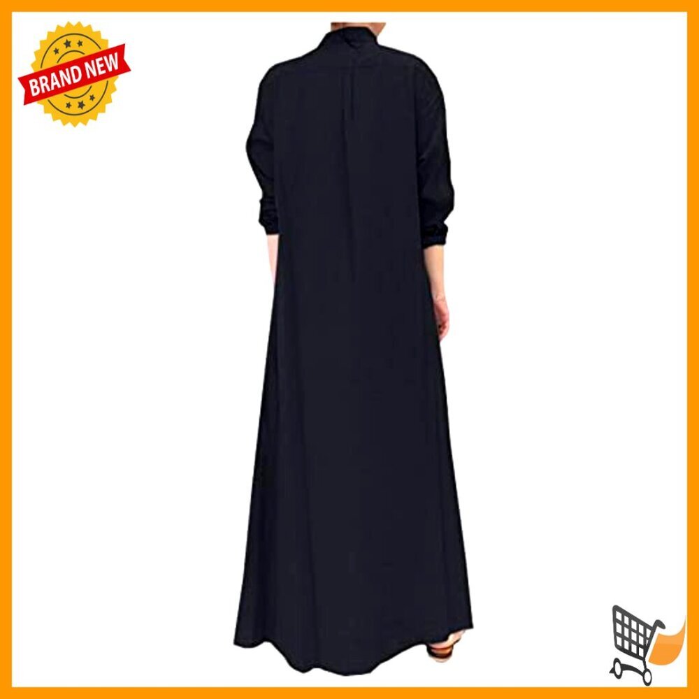 Cotton Linen Maxi Shirtdress Long Sleeve Button Down Casual Beach Dress Pockets - Picture 2 of 7